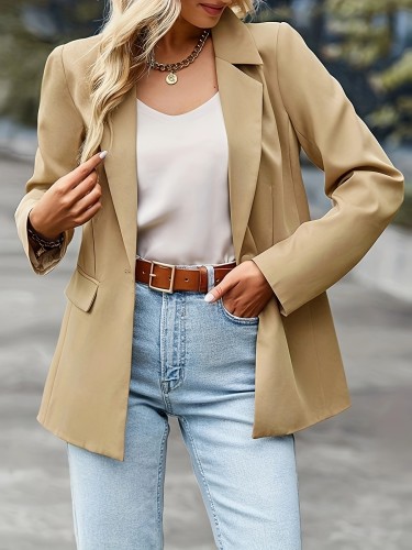 1pc Women'S Casual Solid Color Polyester Blazer - Fashionable Slim Fit Open Front Single Button Jacket with Regular Long Sleeves for Autumn\u002FWinter