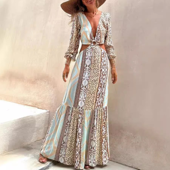Chic Printed V-Neck Waist-Baring Tie Dress