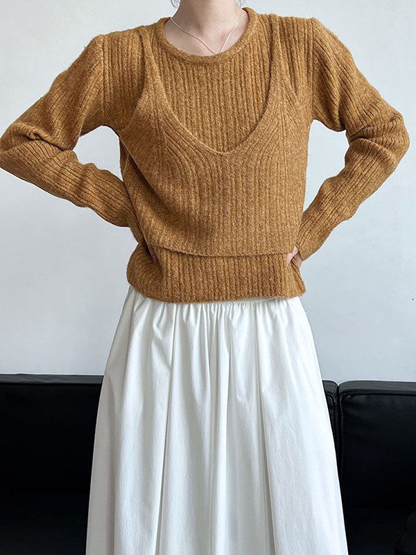 False Two Long Sleeves Solid Color Round-Neck Pullovers Sweater Tops