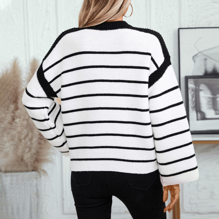 Crew-Neck Loose Striped Long-Sleeved Sweater
