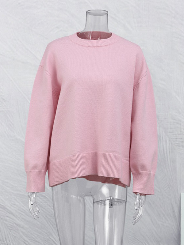 Solid Color Split-Joint Long Sleeves Loose Round-Neck Sweater Tops