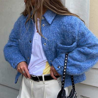 Stylish Blue Lapel Long-Sleeved Jacket