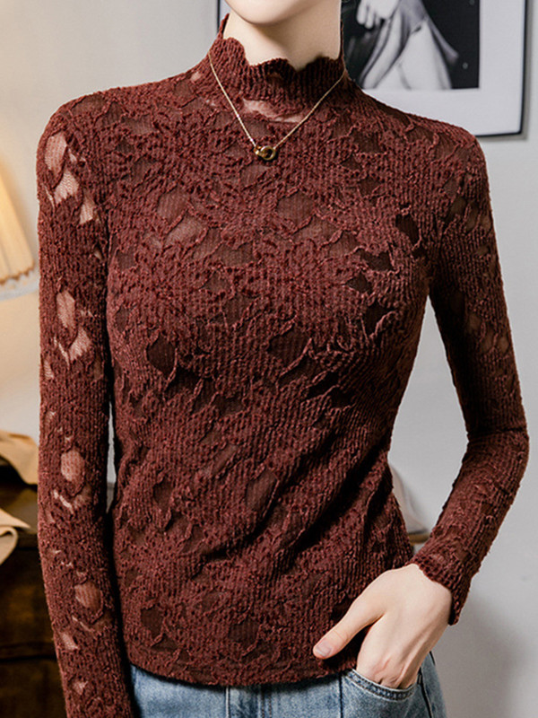 Long Sleeves Plus Size Crochet Hollow Solid Color Mock Neck T-Shirts Tops