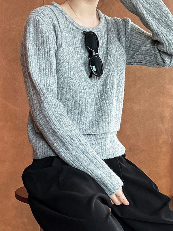 False Two Long Sleeves Solid Color Round-Neck Pullovers Sweater Tops