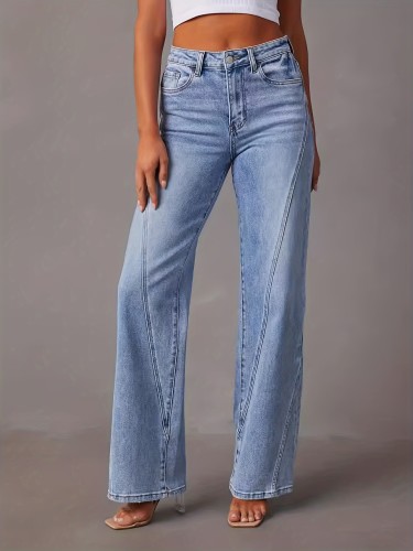 Women's High-Waisted Denim Jeans, Elegant Stretch Solid Color, Washed Straight Leg, All-Season Fashion, Woven Fabric
