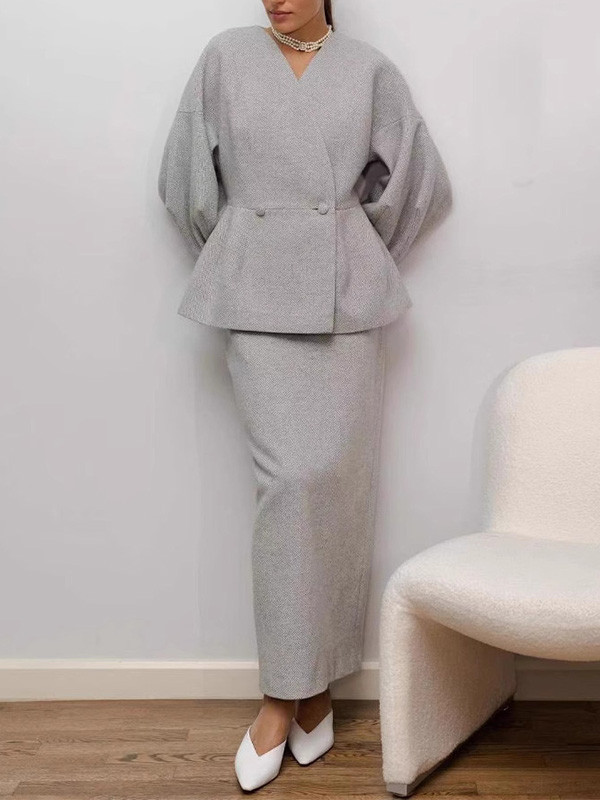 Stylish Solid Color Slim-Fit Top & Skirt Set