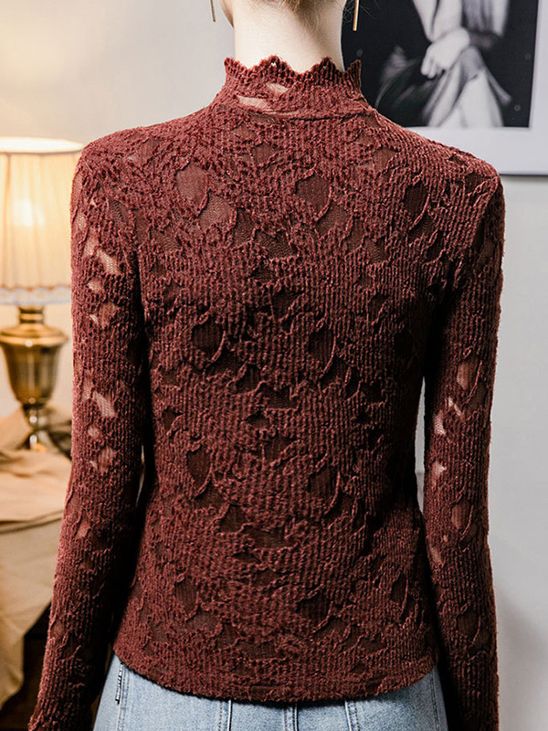 Long Sleeves Plus Size Crochet Hollow Solid Color Mock Neck T-Shirts Tops