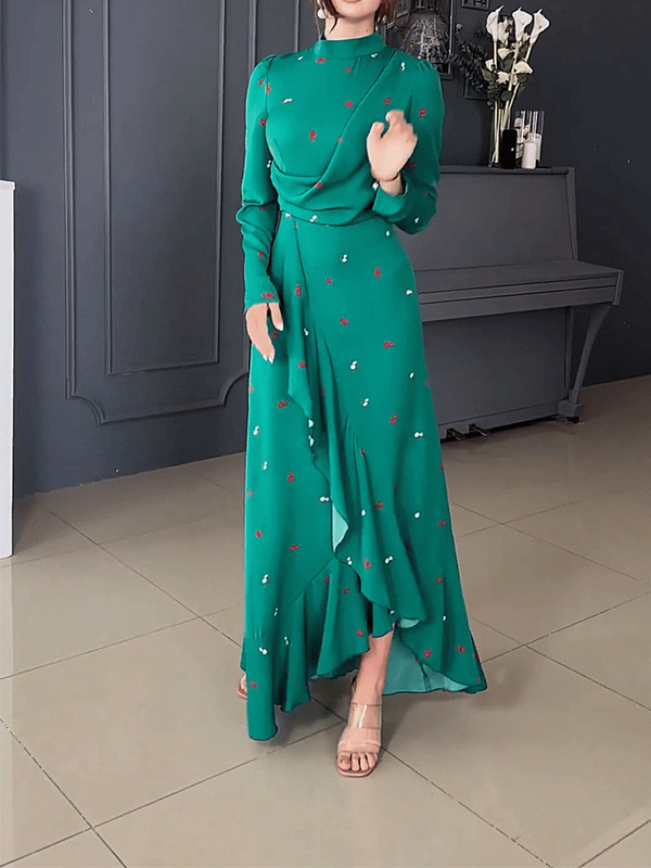 Fashion Long-Sleeved Ruffled Print Dress