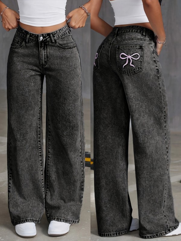 High-Waisted Butterfly Knot Embroidery Casual Jeans for Women, Vintage Washed Denim with Non-Stretch Cotton Blend, Straight Leg All-Season Trousers