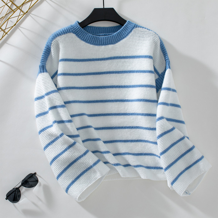 Crew-Neck Loose Striped Long-Sleeved Sweater