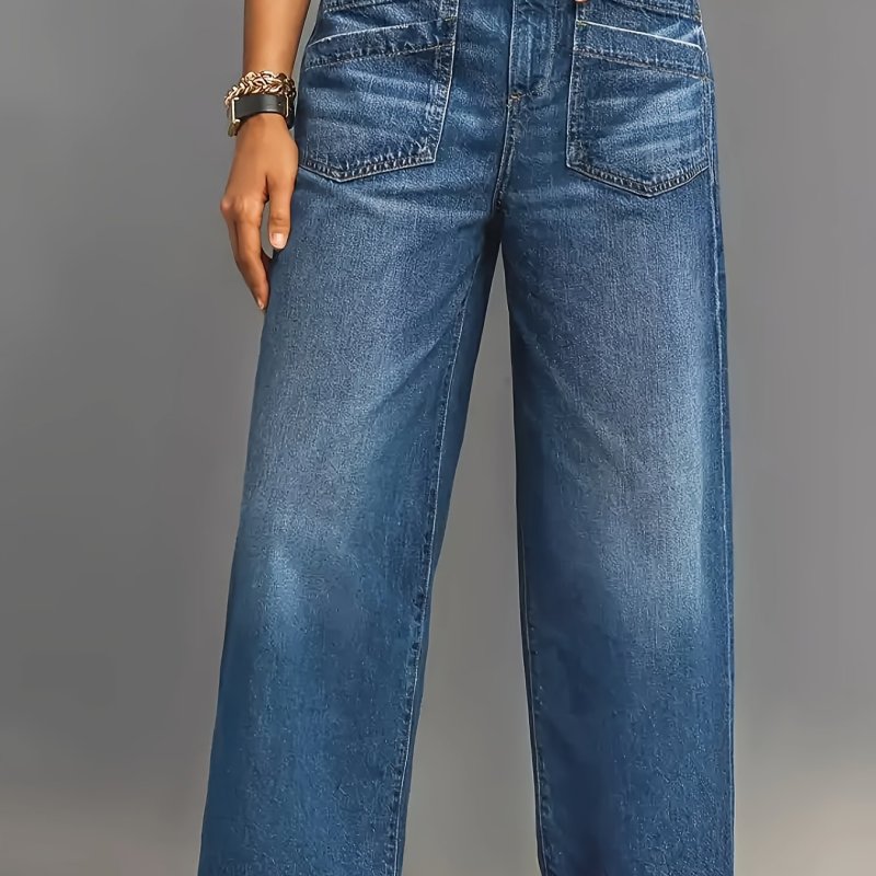 1pc Vintage Denim Wide Leg Jeans, Cropped Boot Cut with Brushed Hem, Mid-Waist Button Fly, All-Season Solid Color, Medium Stretch Fabric, Casual Weekend Style