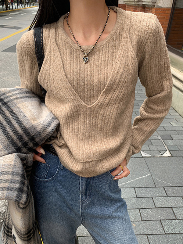 False Two Long Sleeves Solid Color Round-Neck Pullovers Sweater Tops