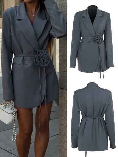 Elegant Slim-Fit Blazer for Women - Double Breasted, Long Sleeve with Floral Belt & Pockets, Perfect for Fall\u002FWinter