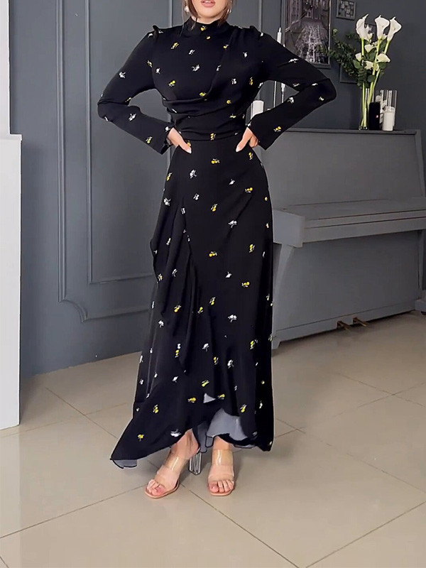 Fashion Long-Sleeved Ruffled Print Dress