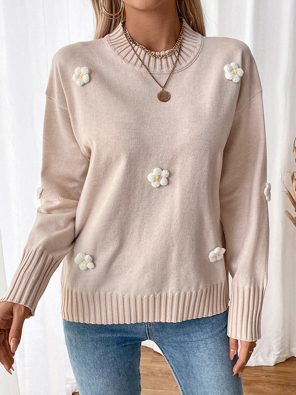 Long Sleeves Loose Split-Joint Three-Dimensional Flower Round-Neck Pullovers Sweater Tops
