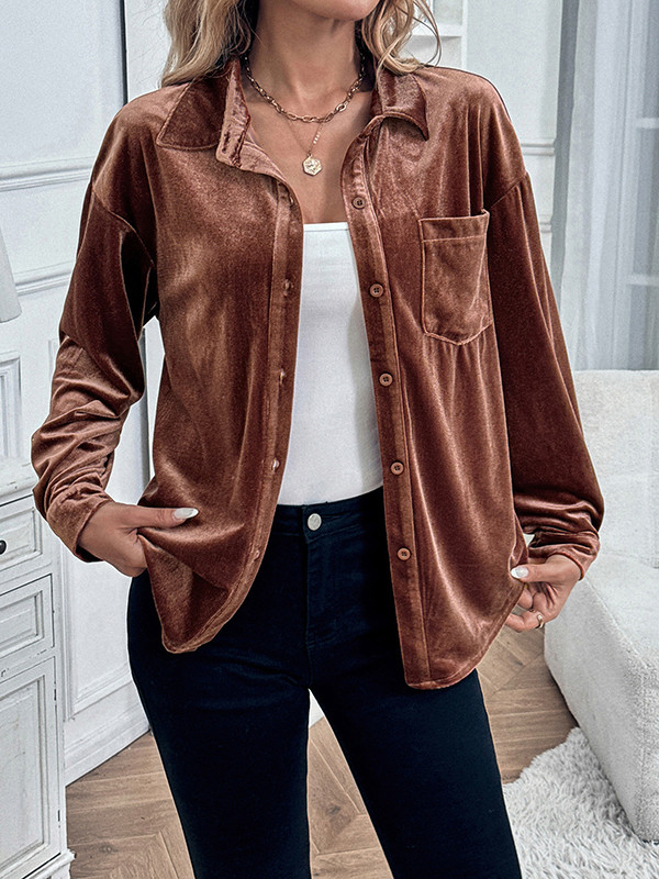 Long Sleeves Loose Buttoned Pockets Solid Color Split-Joint Velvet Lapel Blouses&Shirts Tops
