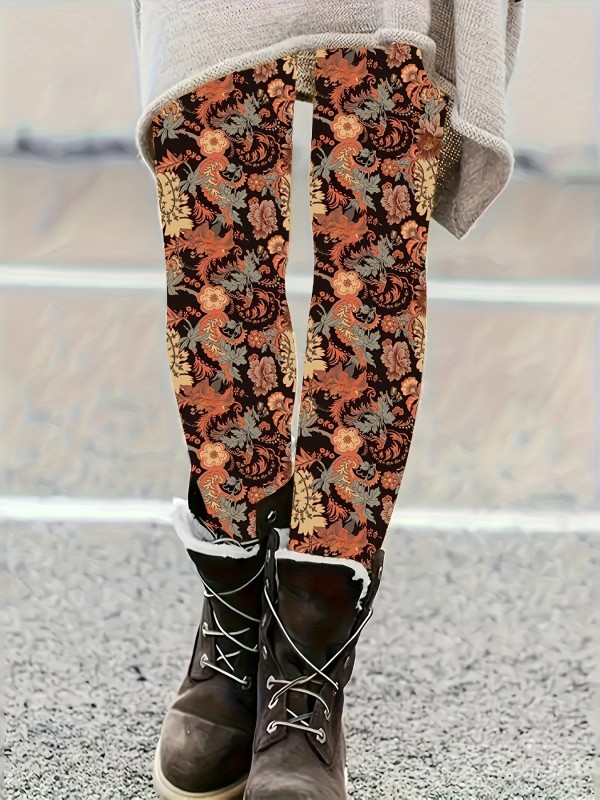 Elegant Women's Stretch Leggings with Floral Print - High Waist, Comfort Fit, Machine Washable