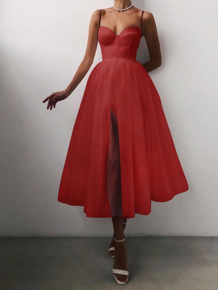 French Vintage solid color mesh dress