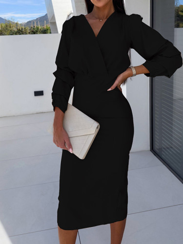 Stylish Sim V-Neck Solid Color Hip Wrap Dress