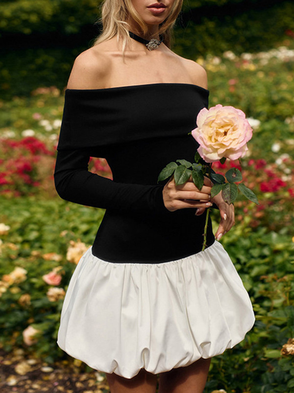 High Waisted Long Sleeves Contrast Color Pleated Split-Joint Off-The-Shoulder Mini Dresses