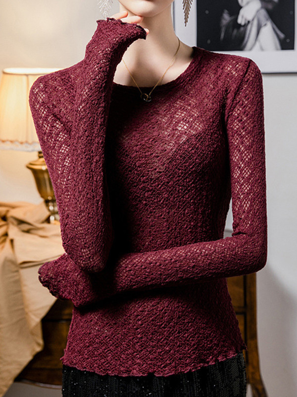 Long Sleeves Plus Size Hollow See-Through Solid Color Round-Neck T-Shirts Tops