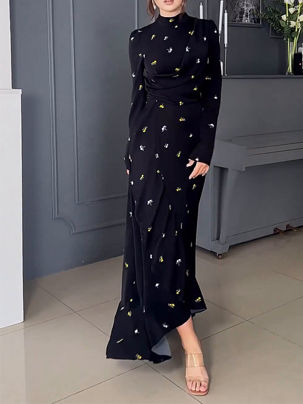 Fashion Long-Sleeved Ruffled Print Dress