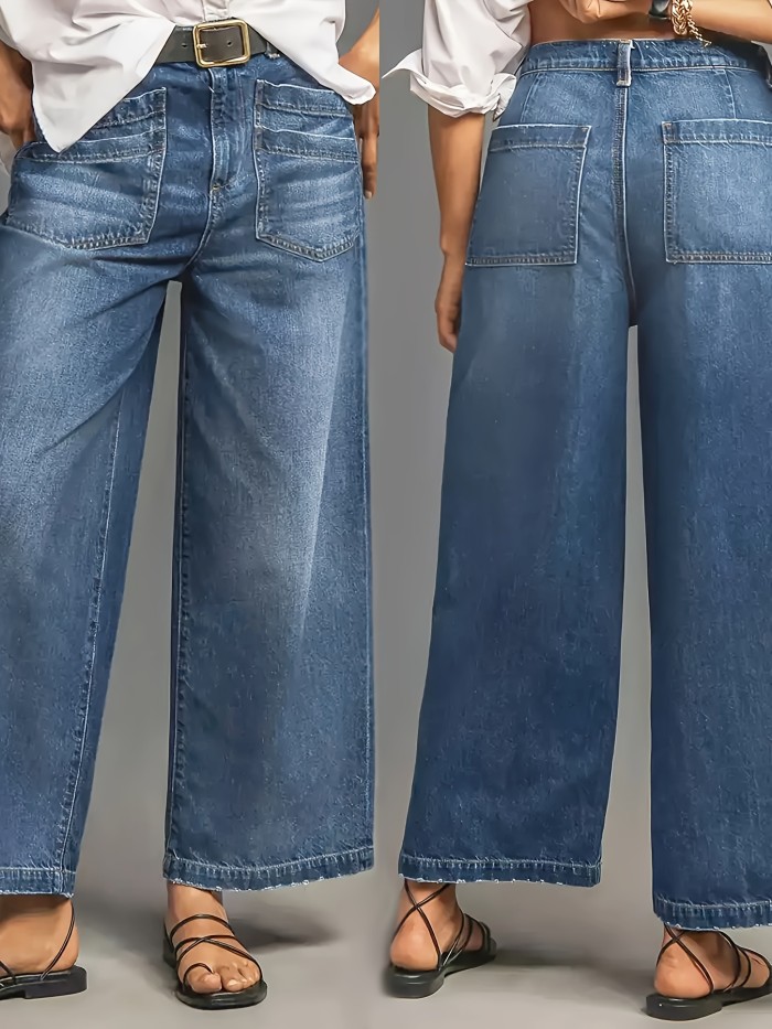 1pc Vintage Denim Wide Leg Jeans, Cropped Boot Cut with Brushed Hem, Mid-Waist Button Fly, All-Season Solid Color, Medium Stretch Fabric, Casual Weekend Style