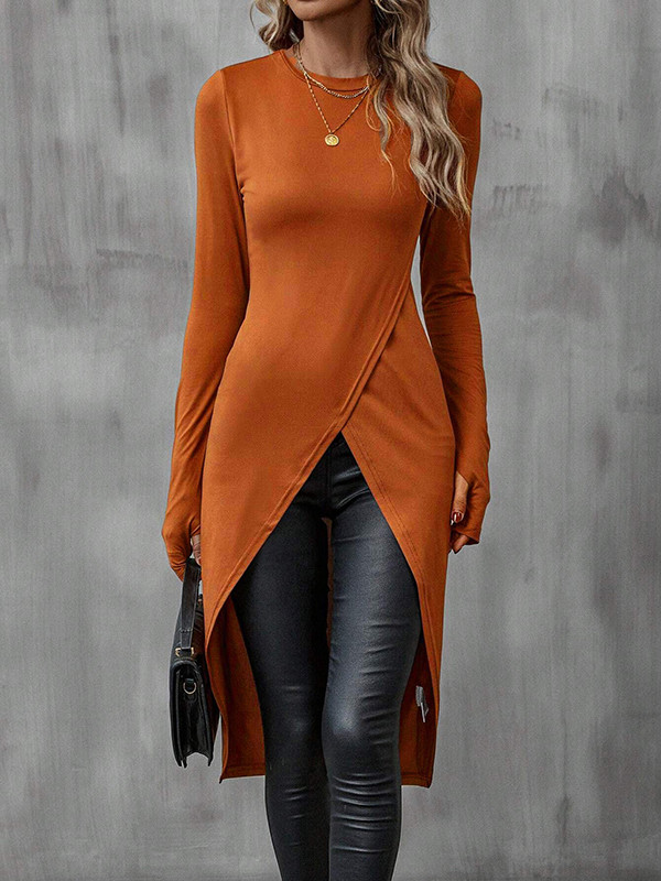 High-Low Long Sleeves Solid Color Split-Joint Round-Neck T-Shirts Tops