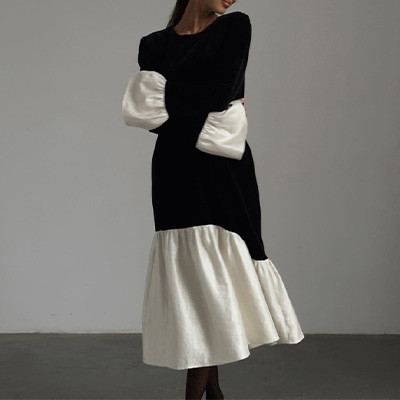 Patchwork Design Sense Round Neck Flared Sleeve Dress