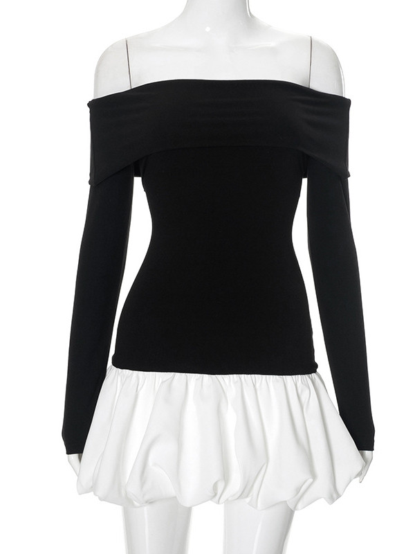 High Waisted Long Sleeves Contrast Color Pleated Split-Joint Off-The-Shoulder Mini Dresses