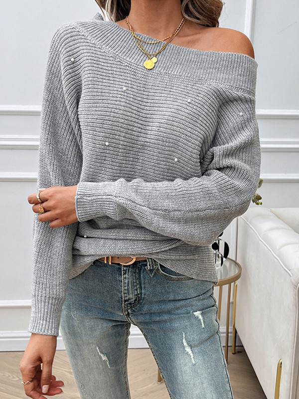 Long Sleeves Loose Solid Color Split-Joint Off-The-Shoulder Pullovers Sweater Tops