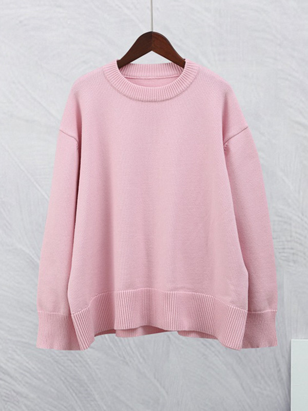Solid Color Split-Joint Long Sleeves Loose Round-Neck Sweater Tops