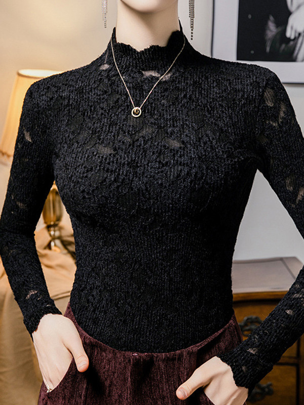Long Sleeves Plus Size Crochet Hollow Solid Color Mock Neck T-Shirts Tops