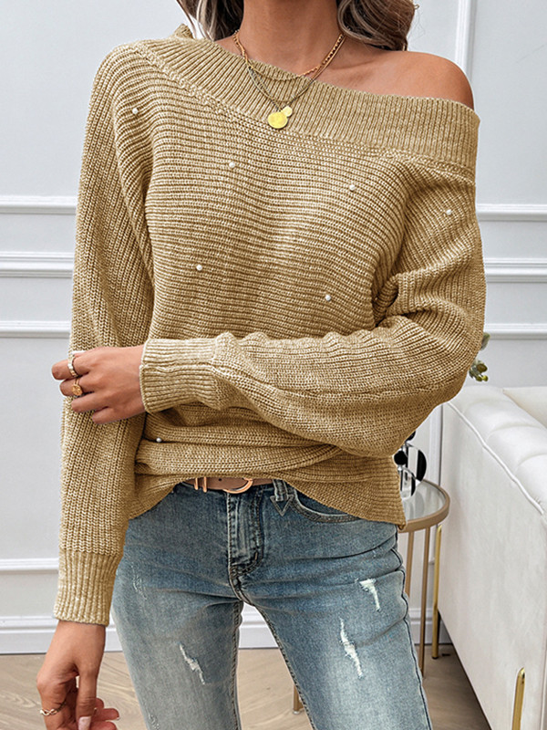 Long Sleeves Loose Solid Color Split-Joint Off-The-Shoulder Pullovers Sweater Tops