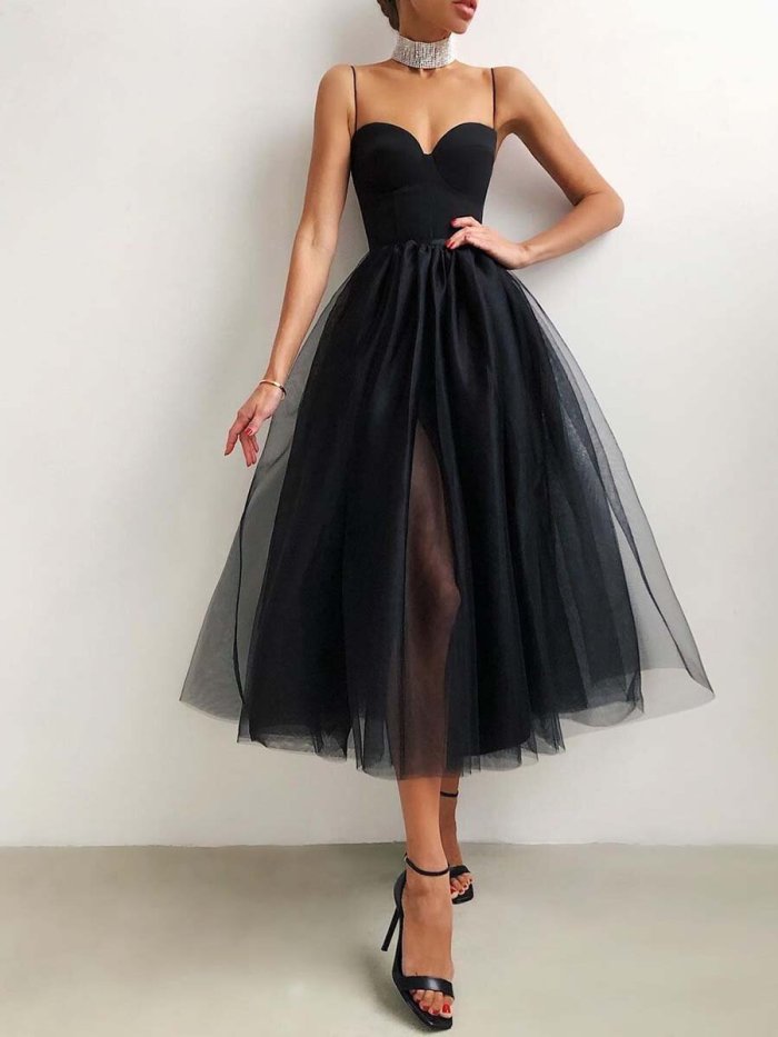 French Vintage solid color mesh dress