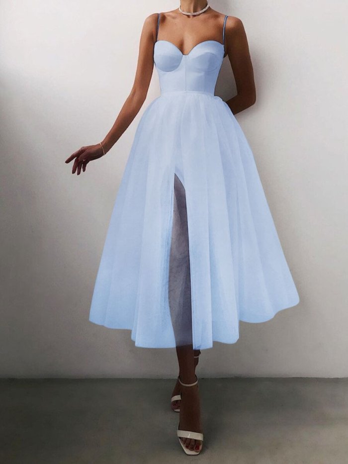 French Vintage solid color mesh dress