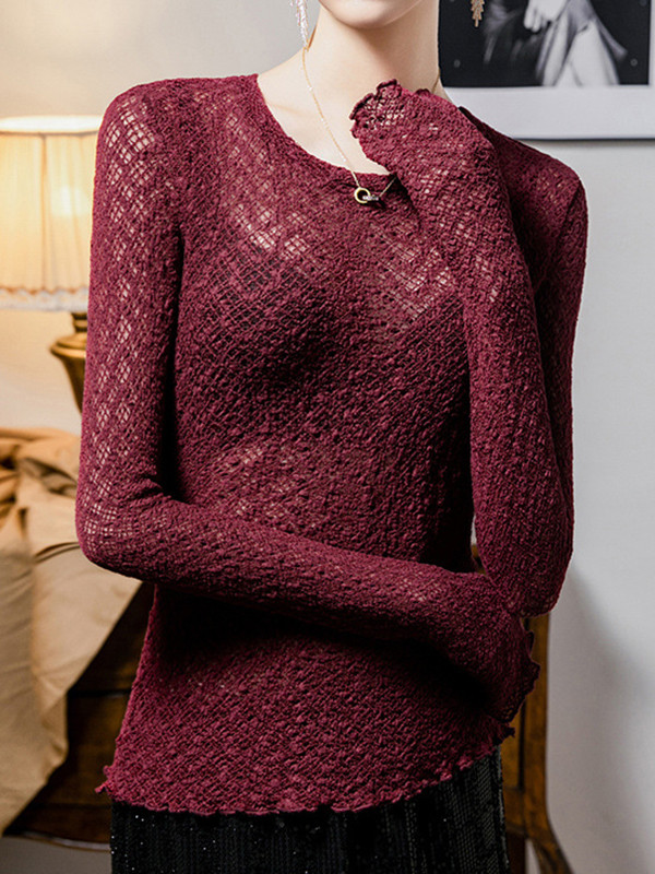 Long Sleeves Plus Size Hollow See-Through Solid Color Round-Neck T-Shirts Tops