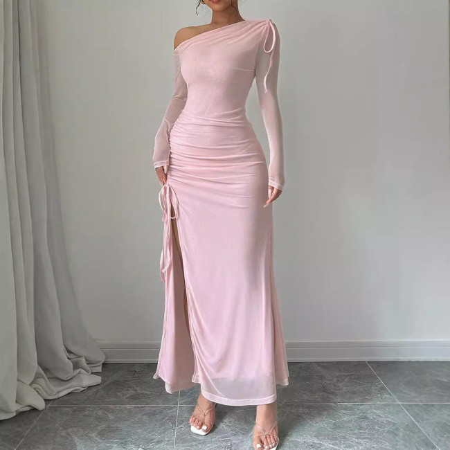 One-Shoulder Pink Split Dress