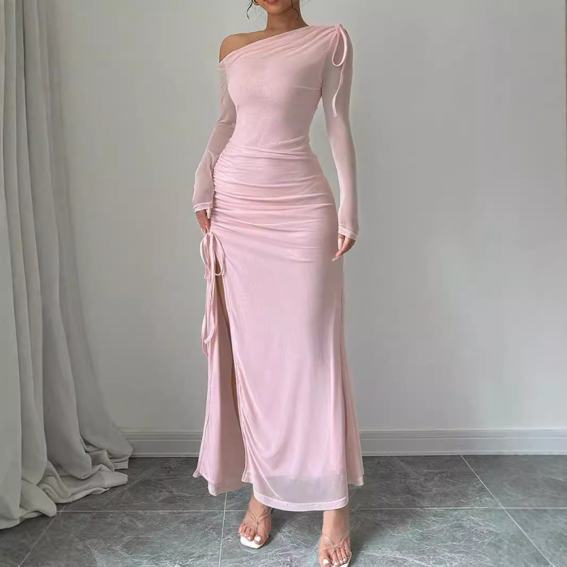 One-Shoulder Pink Split Dress