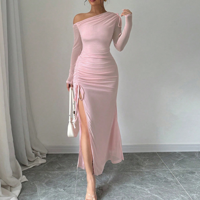 One-Shoulder Pink Split Dress