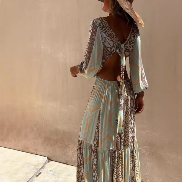 Chic Printed V-Neck Waist-Baring Tie Dress