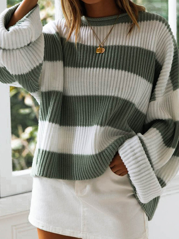 Long Sleeves Loose Contrast Color Striped Round-Neck Pullovers Sweater Tops