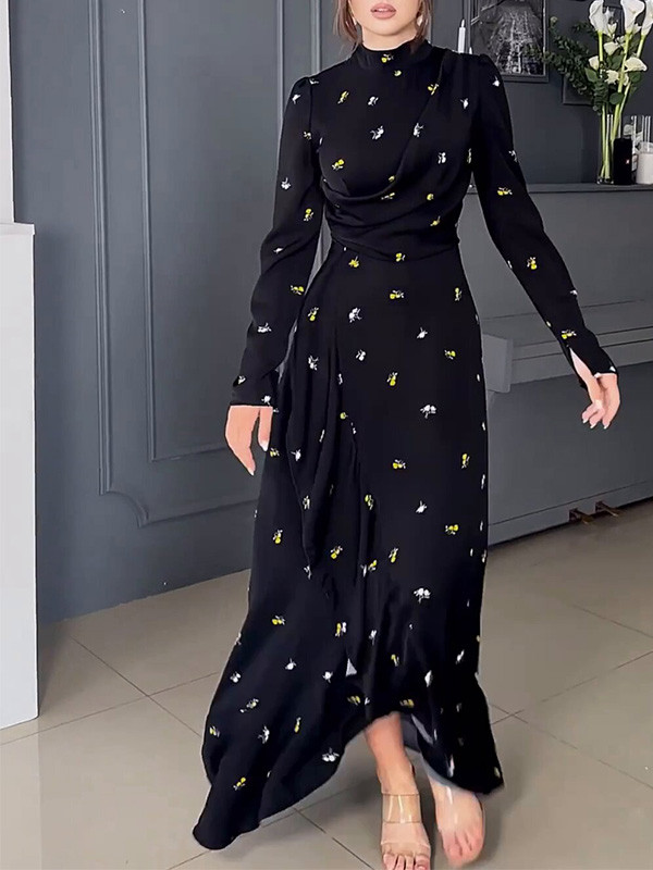 Fashion Long-Sleeved Ruffled Print Dress