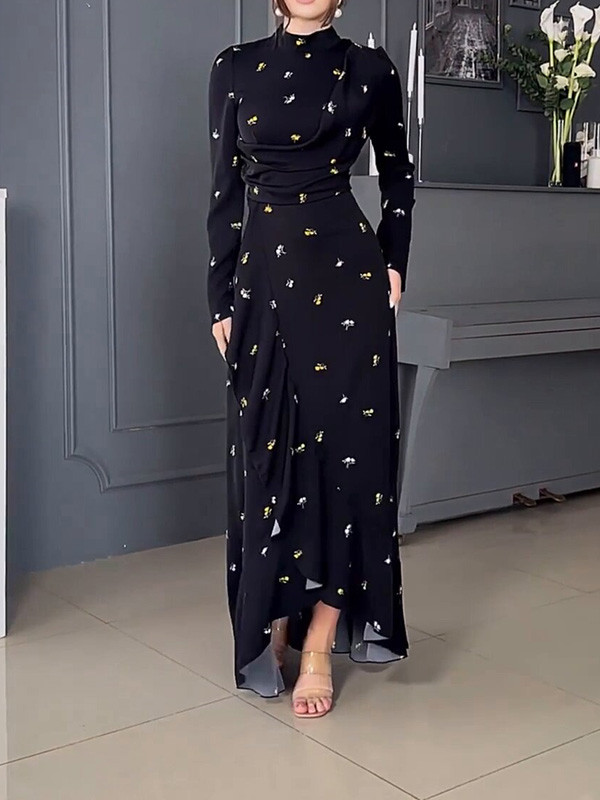 Fashion Long-Sleeved Ruffled Print Dress