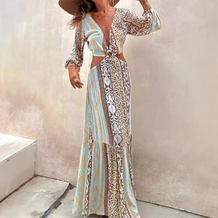 Chic Printed V-Neck Waist-Baring Tie Dress