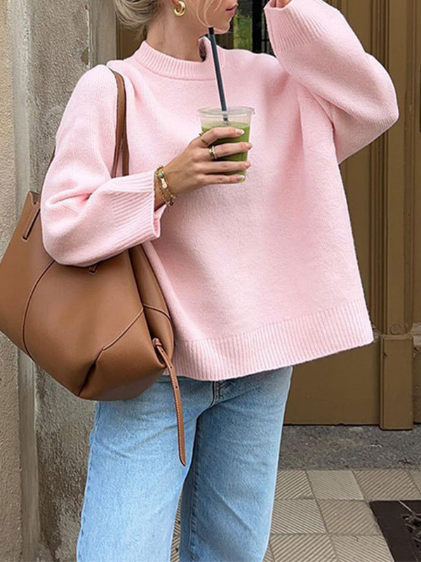 Solid Color Split-Joint Long Sleeves Loose Round-Neck Sweater Tops