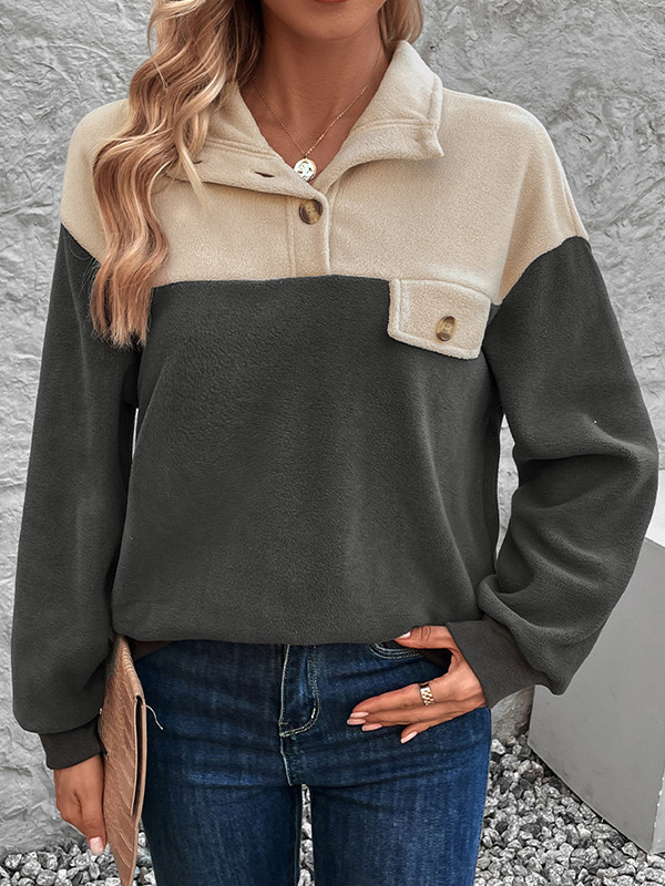 Long Sleeves Loose Buttoned Contrast Color Split-Joint Velvet Stand Collar Sweatshirt Tops