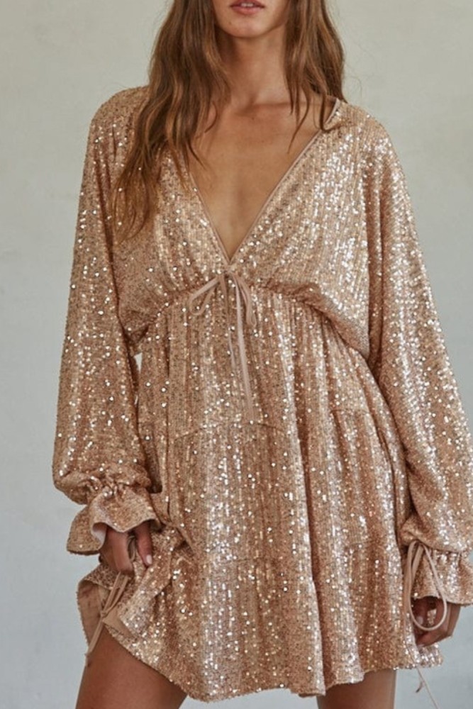 Elegant Sequin V-Neck Party Dress with Flowy  Mini Dresses