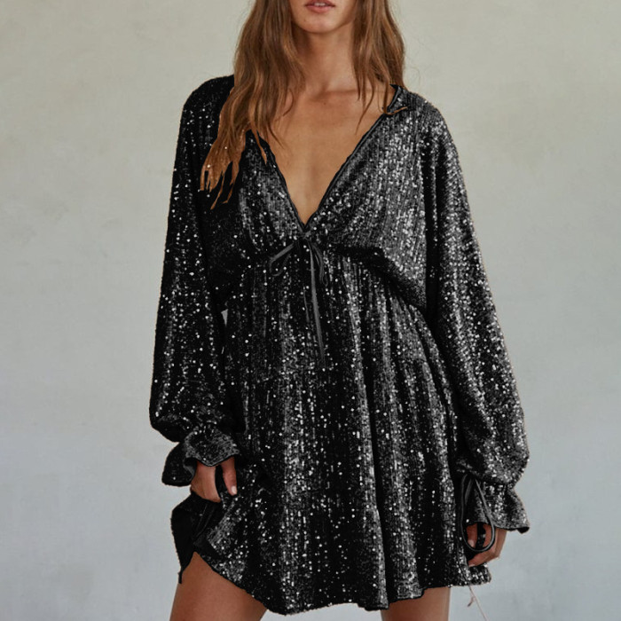 Elegant Sequin V-Neck Party Dress with Flowy  Mini Dresses