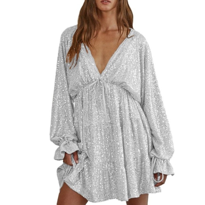 Elegant Sequin V-Neck Party Dress with Flowy  Mini Dresses